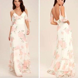 Lulu's Take You There Ivory Floral Maxi Dress SzXS